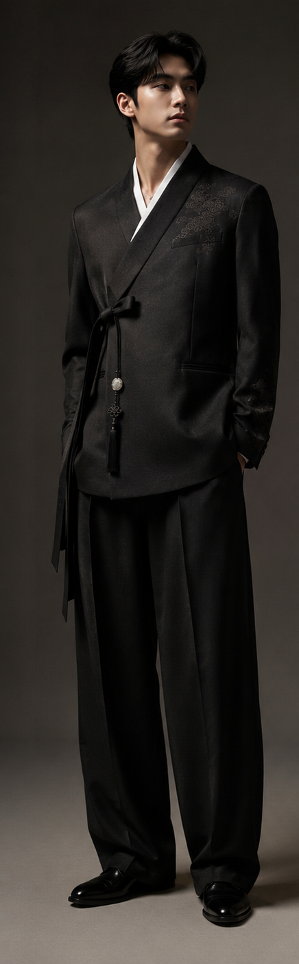 Choe Collection model wearing a black hanbok-inspired suit